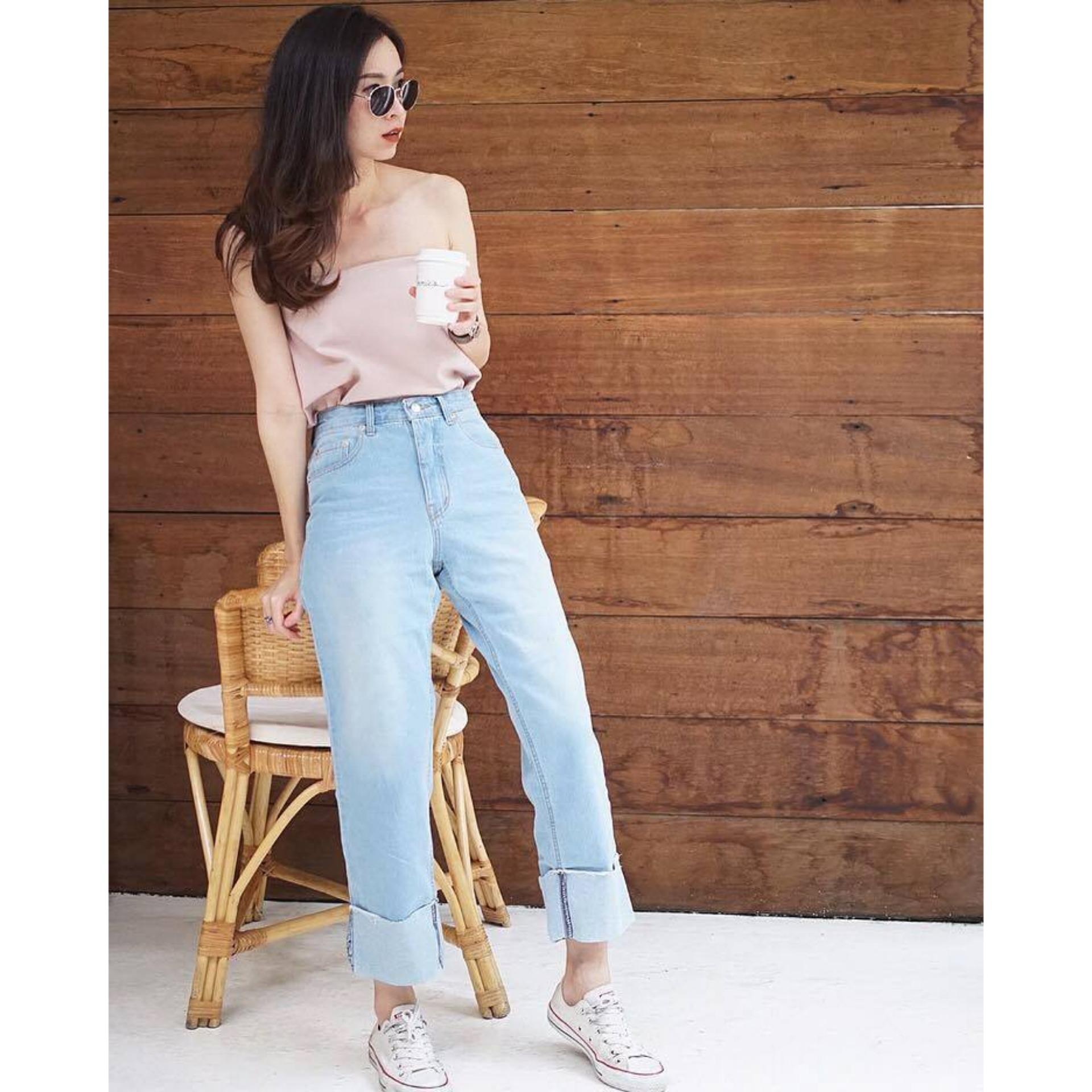 Sis story กางเกงยีนส์ขายาว เอวสูง ทรงตรง พับขา สียีนส์อ่อน Sis322 Audrey Jeans Lightblue