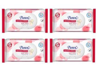 ทิชชู่เปียก Baby Wipes เพียวรีน Pureen แพ็ค 4 ห่อ สีแดง สูตรแอนตี้แบคทีเรีย Anti Bacterial
