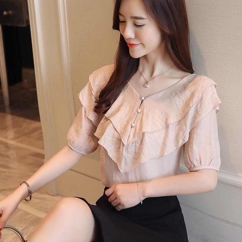 อำพรางพุงเสื้อชีฟองแขนสั้นหญิงฤดูร้อนสไตล์เกาหลีสง่างาม V คอระบายข้างผู้ใหญ่เสื้อมีมาดแฟชั่นเสื้อตัวเล็กน้ำ