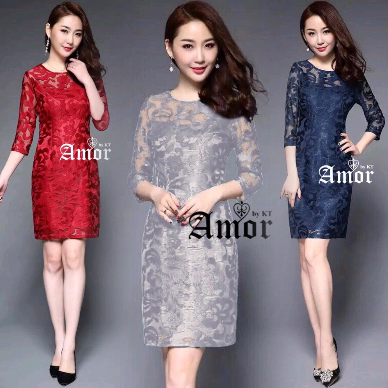 M-3XL // Amor ชุดเดรส Korea Designed ลูกไม้ลายสวยเงางาม