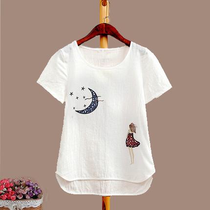 เสื้อผ้าฝ้ายแขนสั้นผู้หญิงพลัสไซส์ ปักลาย สีขาว
