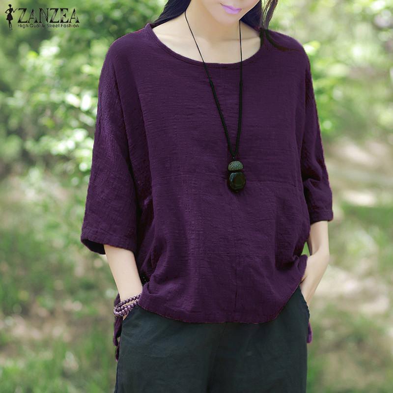 ZANZEA ลูกเรือคอสามไตรมาสแขน Blusas หญิงฤดูใบไม้ร่วงสีม่วงที่ว่างไม่สม่ำเสมอผ้าฝ้ายลายสไตล์เสื้อด้านบนสีม่วง - นานาชาติ ZANZEA ลูกเรือคอสามไตรมาสแขน Blusas หญิงฤดูใบไม้ร่วงสีม่วงที่ว่างไม่สม่ำเสมอผ้าฝ้ายลายสไตล์เสื้อด้านบนสีม่วง - นานาชาติ