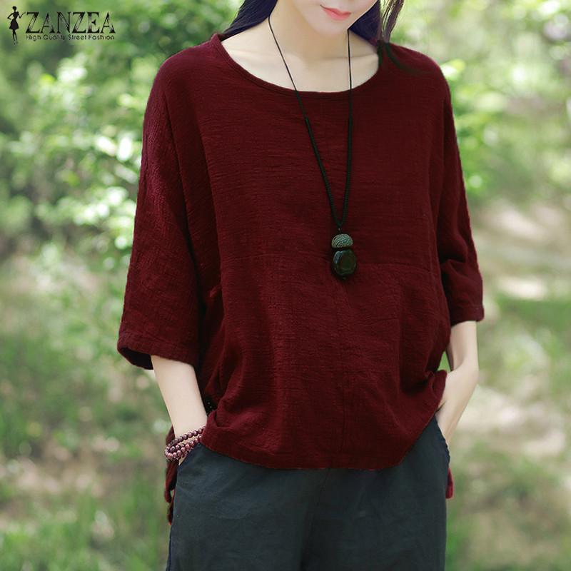 ZANZEA ลูกเรือคอสามไตรมาสแขน Blusas หญิงฤดูใบไม้ร่วงสีม่วงที่ว่างไม่สม่ำเสมอผ้าฝ้ายลายสไตล์เสื้อด้านบนสีม่วง - นานาชาติ