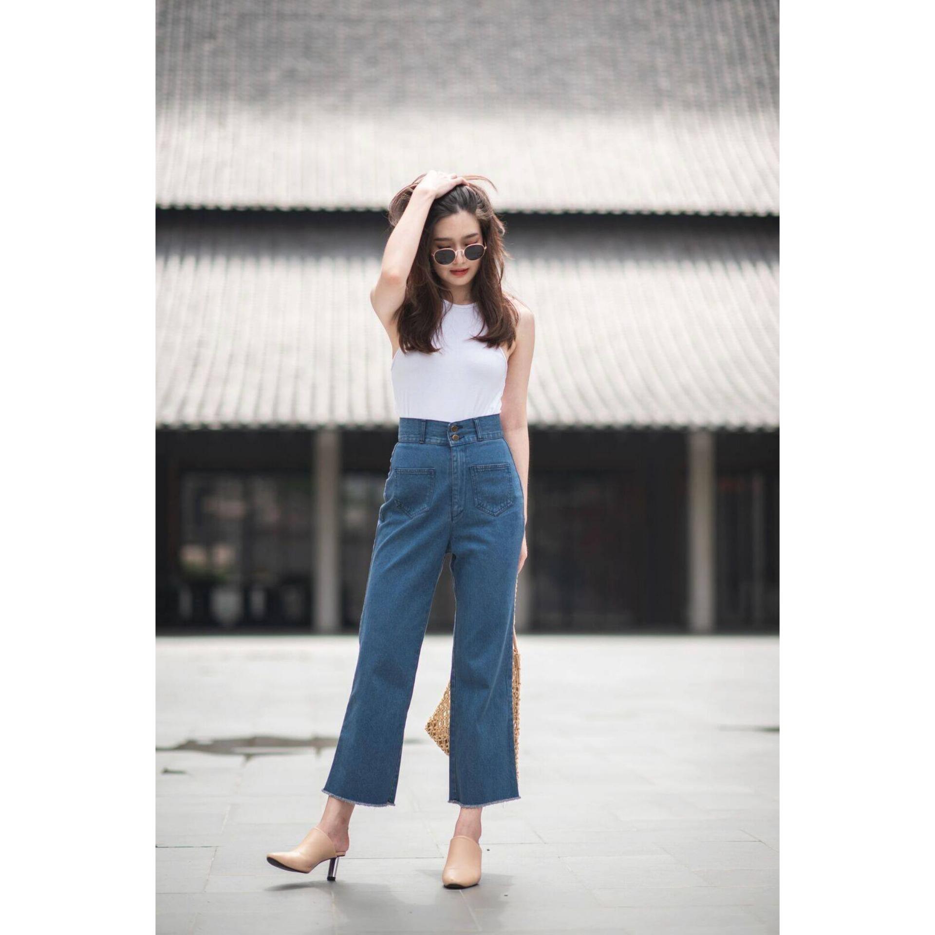 Sis story กางเกงยีนส์ เอวสูง กระเป๋าหน้า ขาเต่อ สียีนส์ Sis503 CHLOE ankle cut with front pockets Jeans - Darkblue