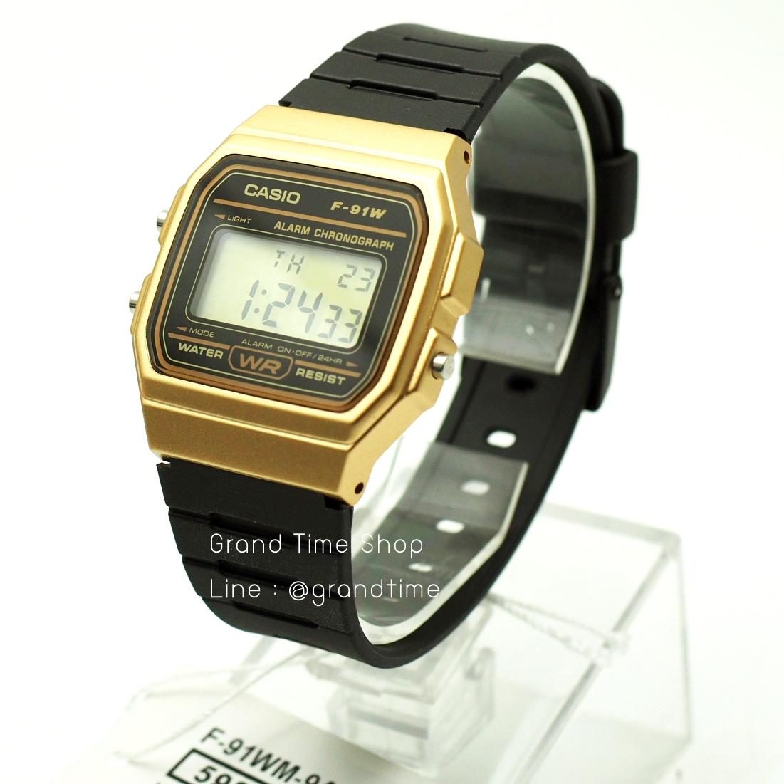 Casio แท้100% รุ่น F-91WM สายเรซิ่น สีดำ, กรอบหน้าปัดมีให้เลือก 5 สี (เงิน,ทอง,เขียว,น้ำเงิน,เทา)
