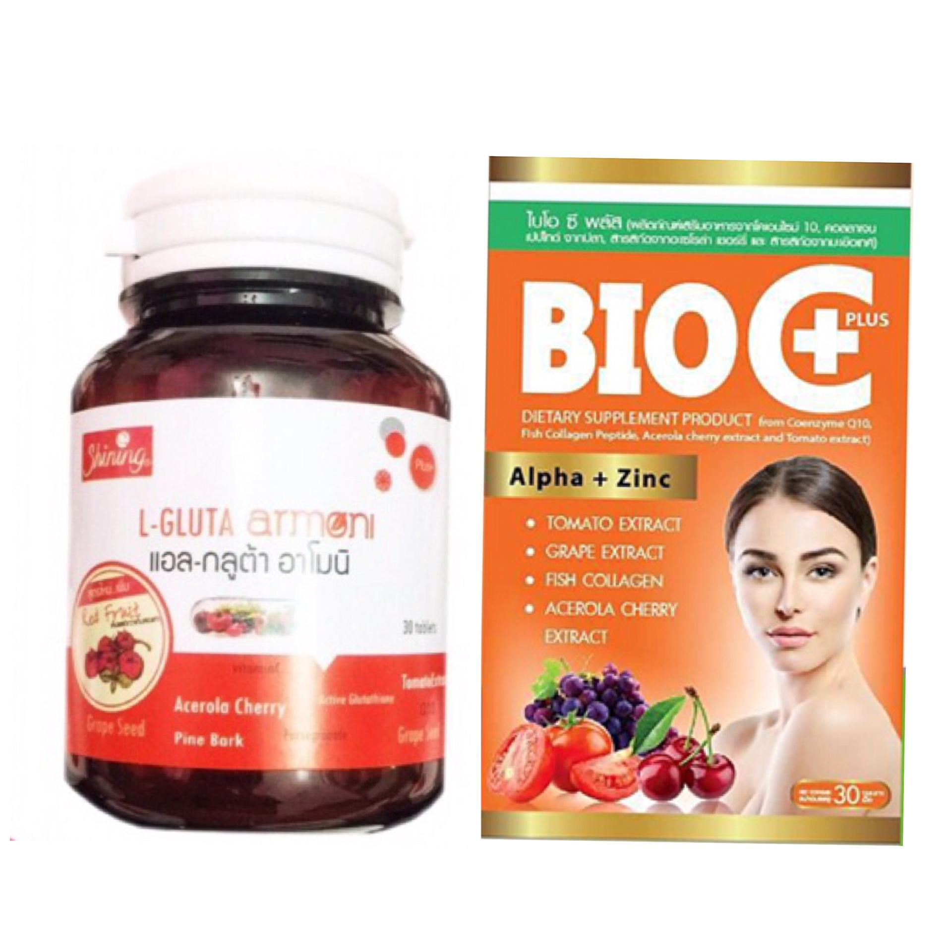 Shining L-Gluta Armoni แอล-กลูต้า อาโมนิ 30 เม็ด แพคเกยใหม่+ BIO Vitamin C+ ไบโอ วิตามินซี พลัส 30 เม็ด (อย่างละ 1 ขวด) Shining L-Gluta Armoni แอล-กลูต้า อาโมนิ 30 เม็ด แพคเกยใหม่+ BIO Vitamin C+ ไบโอ วิตามินซี พลัส 30 เม็ด (อย่างละ 1 ขวด)
