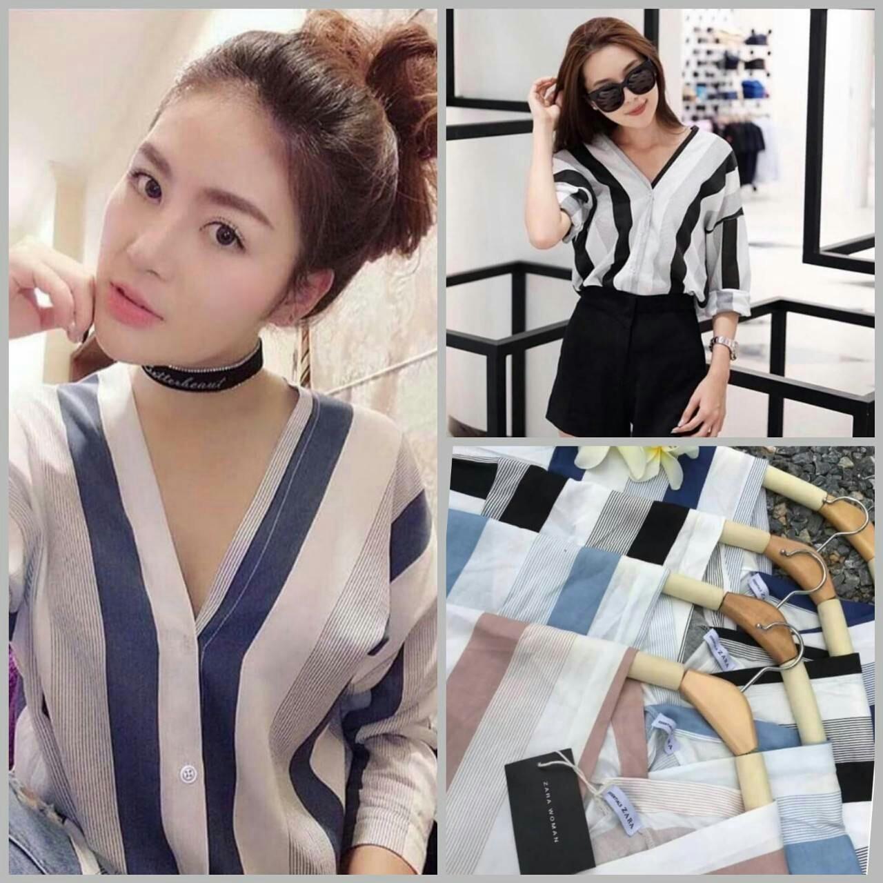 **Hot**เสื้อเชิ้ตแขนยาวคอวีลายริ้ว สไตล์เกาหลี**