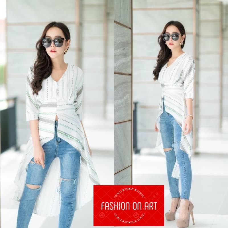 Fashion on art เสื้อแฟชั่นผู้หญิงหน้าสั้นหลังยาวลายริ้วใหญ่ฟรีไซส์ พร้อมส่งสีแดง เทา ชมพู และสีฟ้า