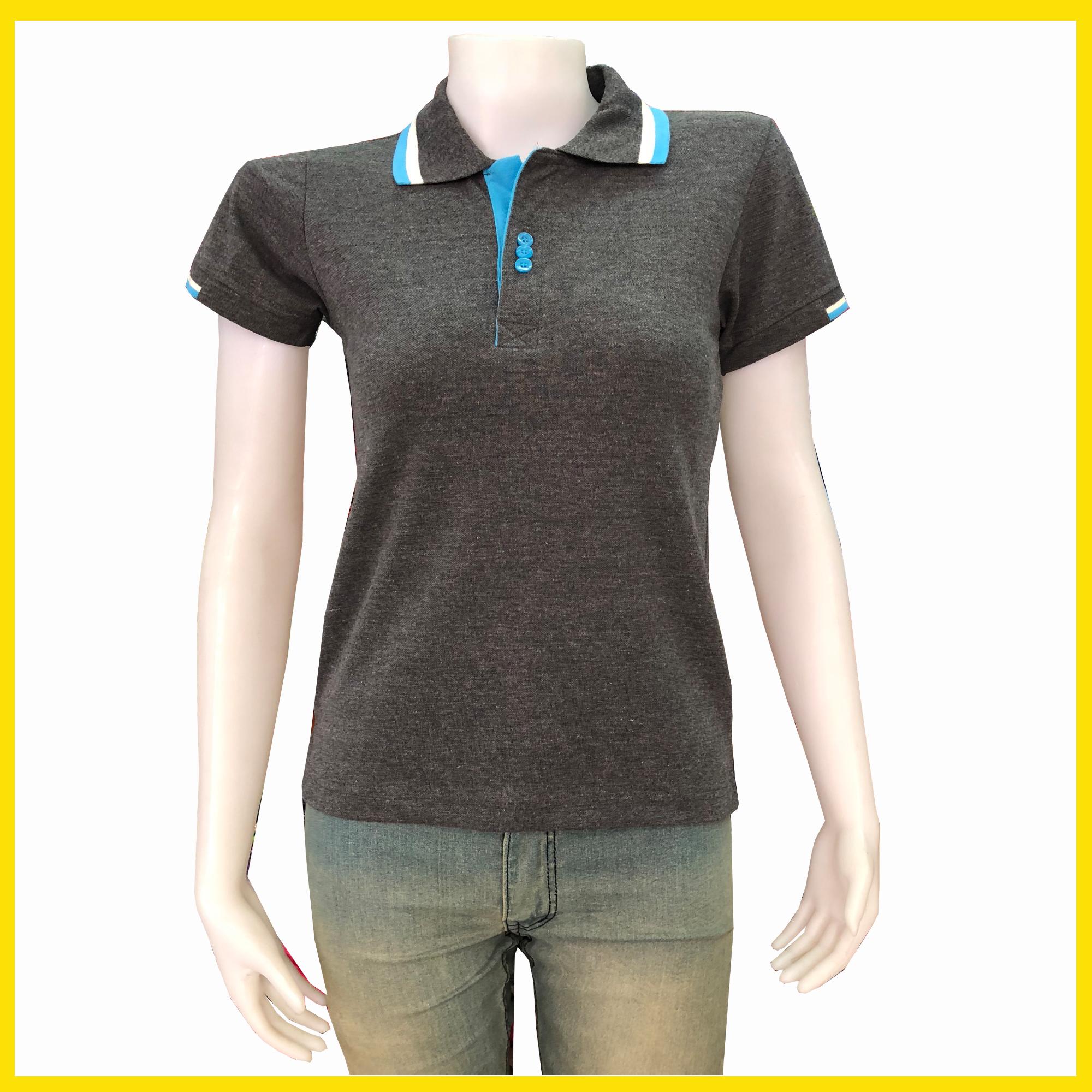 เสื้อโปโลหญิง สีเทาท๊อปดำ แบบคอคลีป ขาวฟ้า