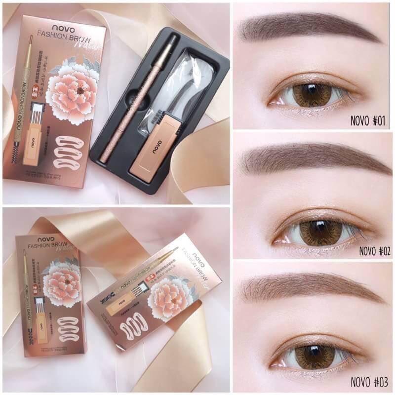 ***ของแท้***novo FASHION BROW โนโว ดินสอเขียนคิ้ว แบบหมุน มีแปรงปัดคิ้วในตัว พร้อมไส้ดินสอเปลี่ยน 3 แท่ง + บล็อกคิ้ว 3 แบบ