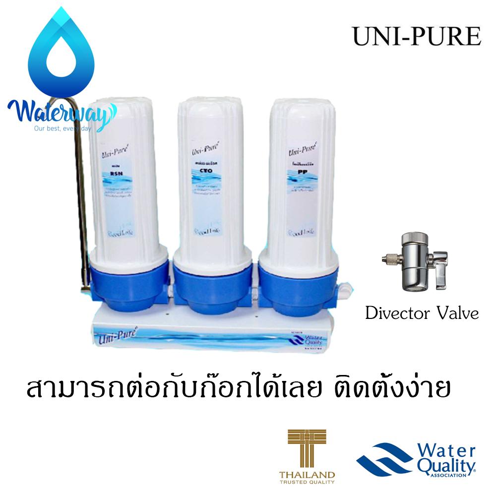 Uni-Pure Blue เครื่องกรองน้ำ 3 ขั้นตอน คุณภาพดี ไส้กรอง PP/CO/RS กรองตะกอน สารเคมี คลอรีน หินปูน (รับประกัน 1 ปี)