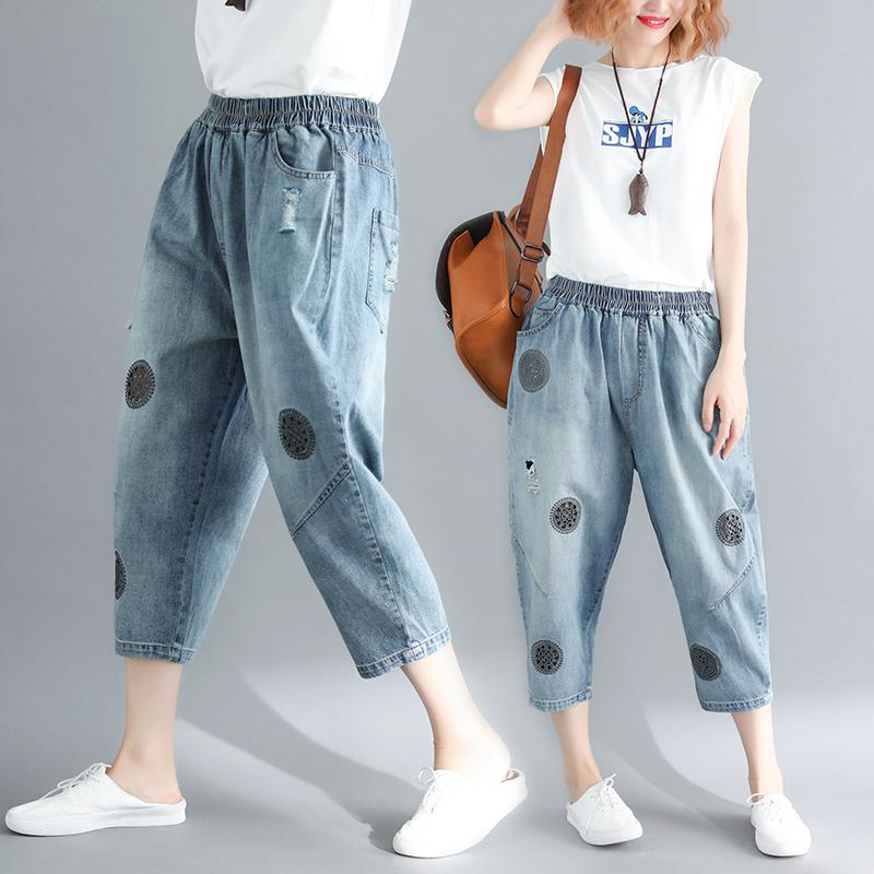 2018 เสื้อผ้าแฟชั่น สำหรับฤดูร้อนใหม่แบบบางกางเกง 7 ส่วนกางเกงยีนส์หญิงเอวสูงหลวมแลดูผอมไซส์พิเศษไซส์ใหญ่พิเศษกางเกงขาแปดส่วนสไตล์เกาหลีกางเกง