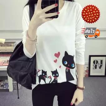 alibaba418เสื้อยืดแฟชั่นผู้หญิง คอกลม แขนยาว ผ้าเนื้อดี ลายครอบครัวแมวสุขสันต์ น่ารักๆ