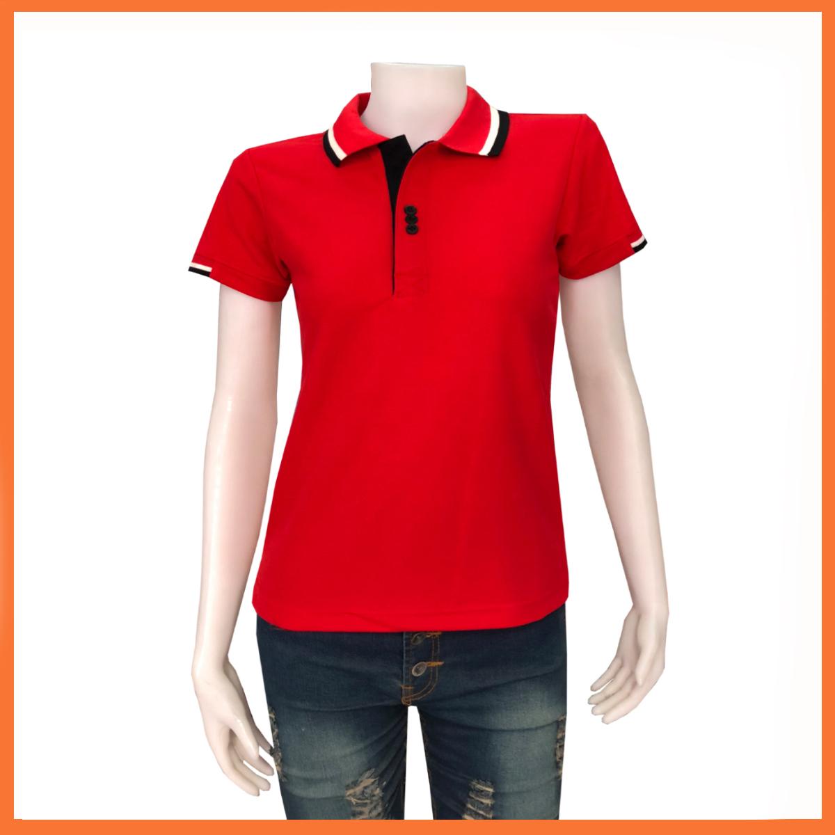 polo shirt แบบหญิง สีแดงคอคีปขาวดำ