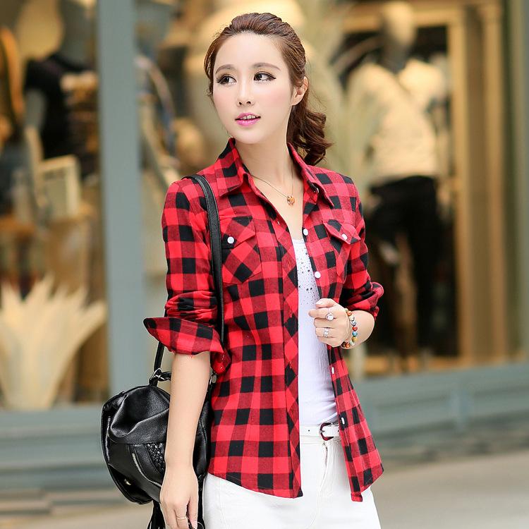 เสื้อเชิ้ตลายสก๊อตเสื้อเกาหลีหญิงแขนยาว (8866-27)