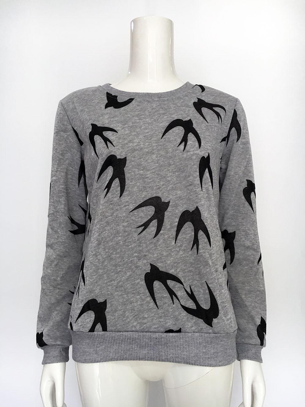 SCS เสื้อยืดแฟชั่น ผู้หญิง คอกลม แขนยาวสกรีนลายนก (สีเทา) รุ่น 358