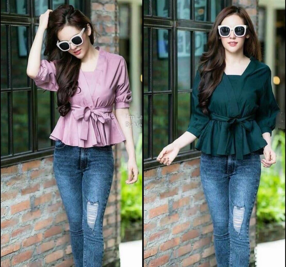 Hot**เสื้อแฟชั่นสไตล์เกาหลี ผูกโบว์เอวเข้ารูป เนื้อผ้าซาร่า**