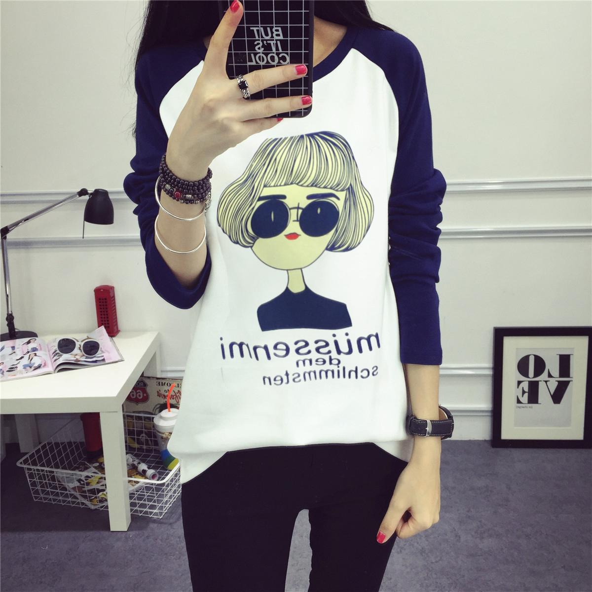 SCS เสื้อแฟชั่น คอกลม แขนยาวทูโทน ลายการ์ตูนใส่แว่นน่ารัก (สีขาว/กรม) รุ่น 8309
