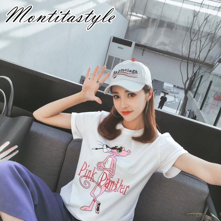 โล๊ะ!! หมดแล้วหมดเลย Montitastyle เสื้อยืดคอกลมแขนสั้น เสื้อยืดแฟชั่นผู้หญิง เสื้อยืดแฟชั่น ลาย Pink panther พิงค์แพนเตอร์ ผ้านิ่มมาก
