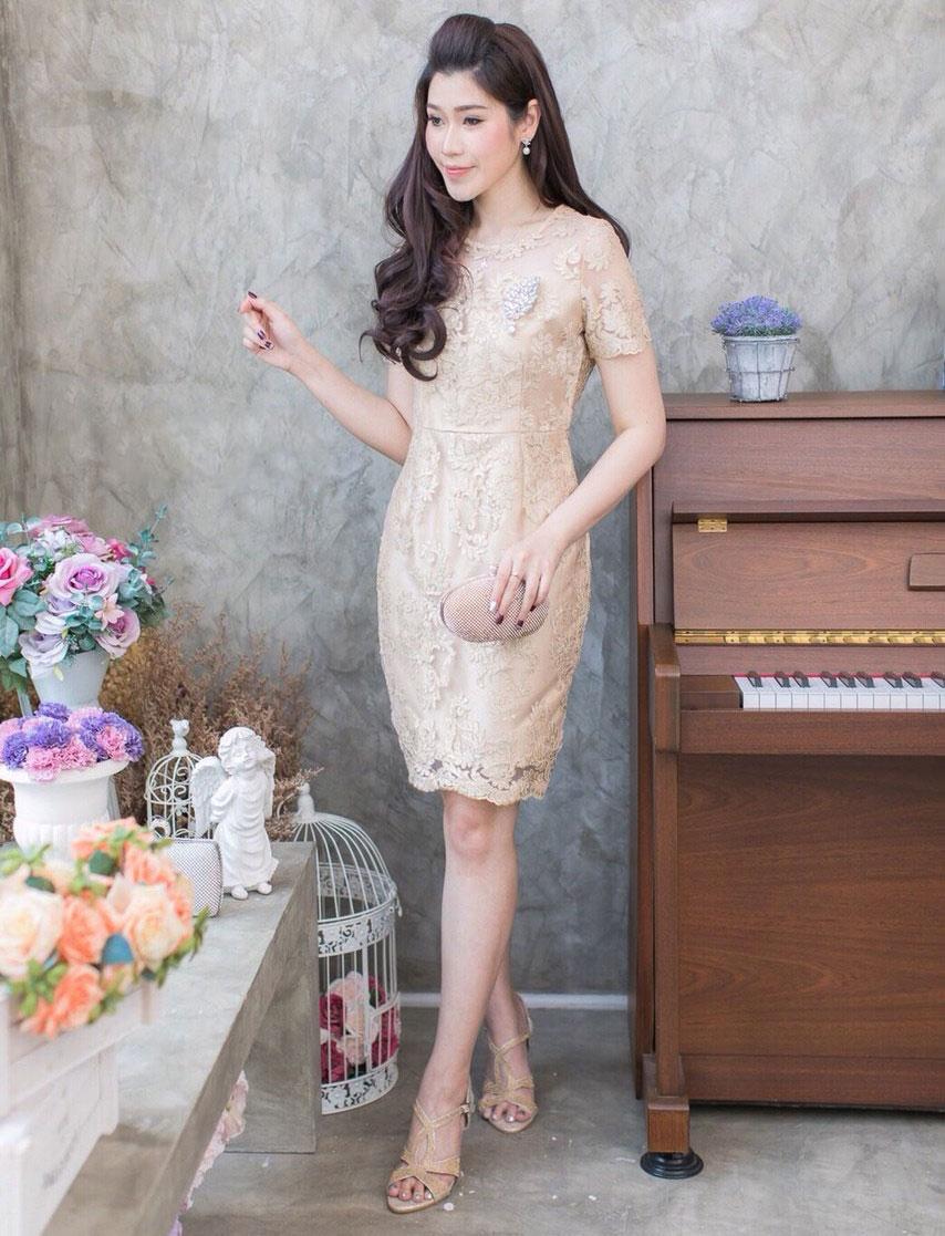 Dress ผ้าไหมปักลูกไม้ฝรั่งเศส