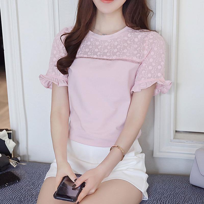 2018 เสื้อผ้าแฟชั่น สำหรับฤดูร้อนใหม่เสื้อผ้าหญิงสไตล์เกาหลีแขนสั้นเข้าได้หลายชุดเสื้อยืดสลิมแลดูผอมเสื้อรองในหญิงอ่อนหวานเสื้อชีฟอง