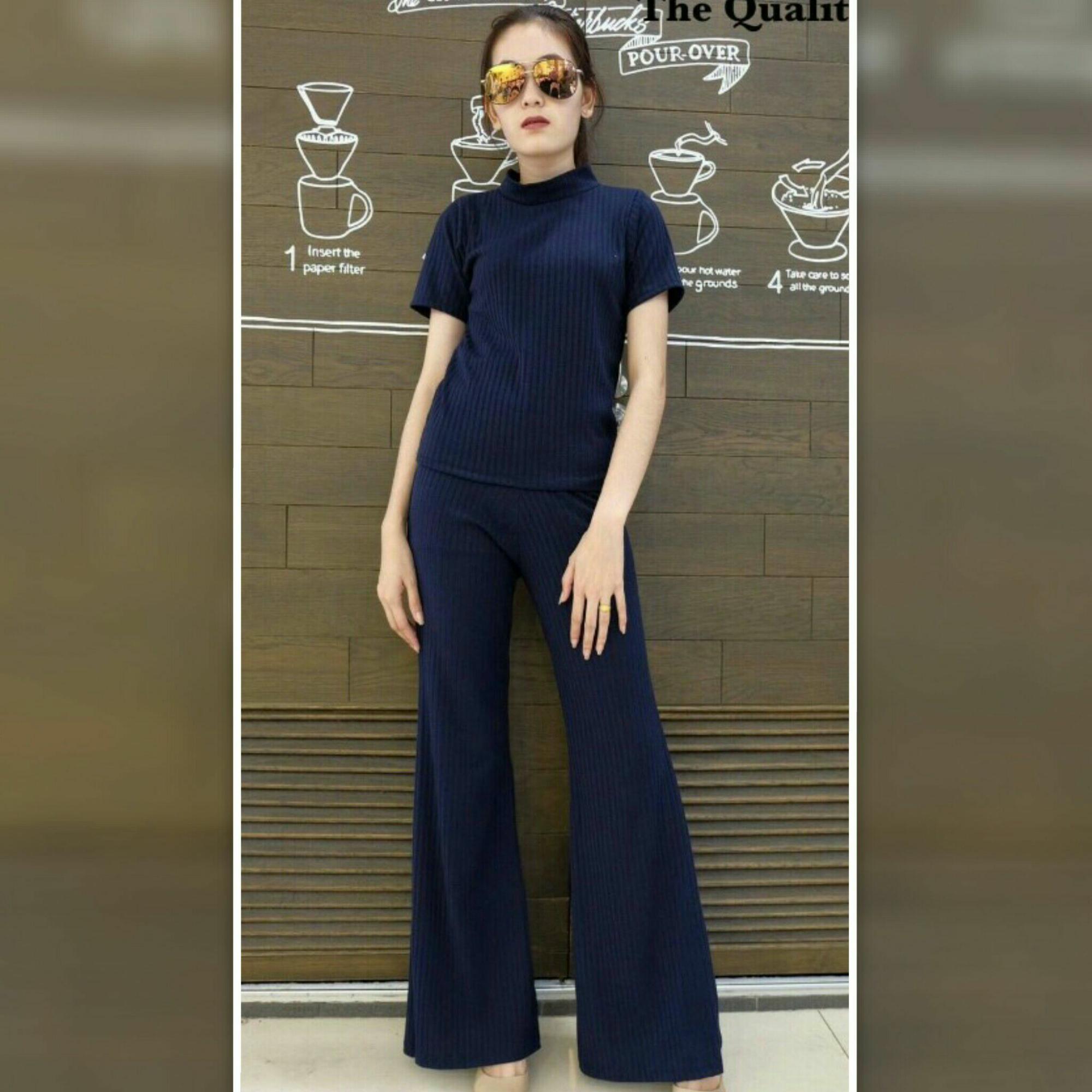 รบกวนอ่านรายละเอียดก่อนสั่งซื้อ เซต2ชิ้น เสื้อ+กางเกงขาบาน ผ้าร่องยืด สีพื้น FreesiZe ผ้ายืดตามตัว