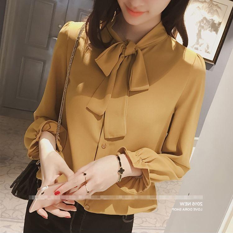 Tucky&Jiang เสื้อแฟชั่น แขนยาวปลายจั๊ม คอผูกโบว์ ผ้าชีฟอง 3338