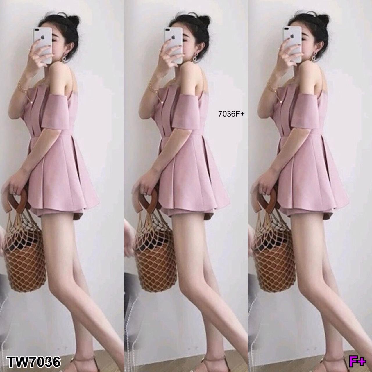 TW7036 Set 2 ชิ้น เสื้อเว้าไหล่ซีทรู จับจีบ+กางเกงขาสั้นเอวยืดสม้อคหลัง **สอบถามก่อนสั่งซื้อ**