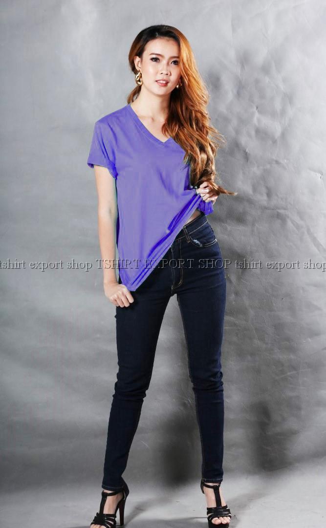t-shirt export เสื้อยืดแฟชั่น T-Shirt ผู้หญิง คอวี (สีม่วงอ่อน)