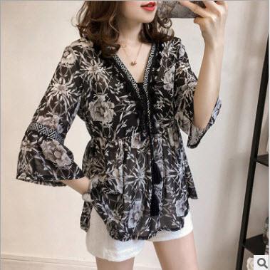 เสื้อ ผ้าชีฟอง ลายดอกไม้ มี 3 สี ชมพู เขียว ขาว ไซต์ M-4XL # 2369