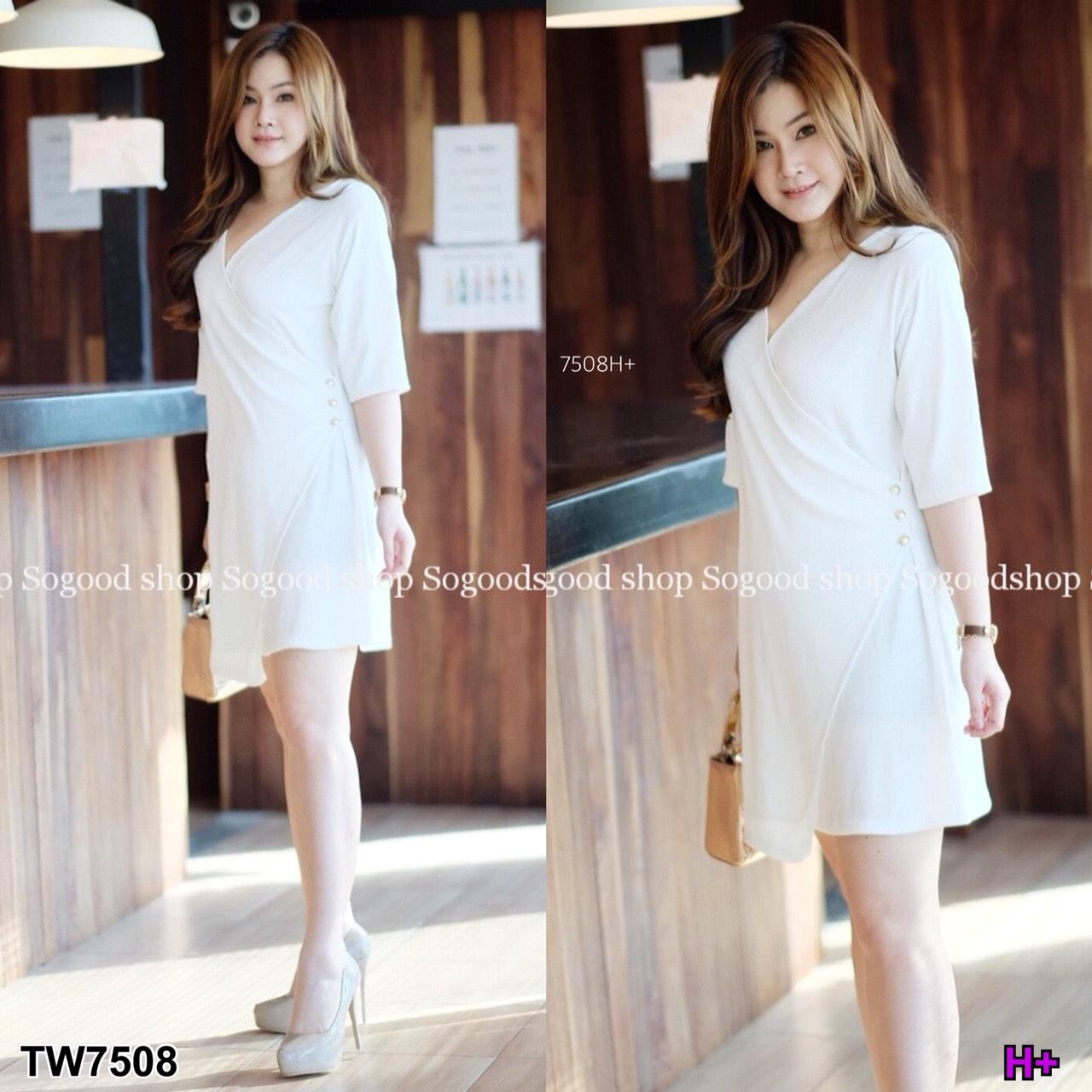 TW7508 ดเดรสสั้น #สาวอวบ คอวีไขว้หน้าแต่งกระดุม **สอบถามก่อนสั่งซื้อ**