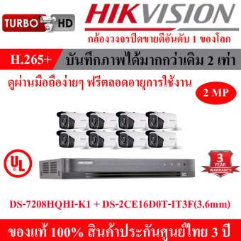 Hikvision ชุดกล้องวงจรปิด 2 MP DS-7208HQHI-K1 + DS-2CE16D0T-IT3F (3.6mm) 8 กล้อง