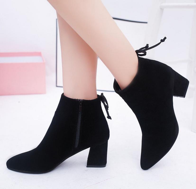 ZASHION รองเท้าแฟชั่นหุ้มส้นผู้หญิง Classic Suede Women High Heels With Strap Women Boots