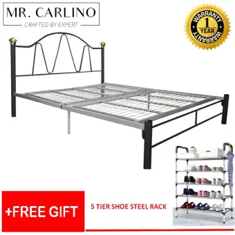 MR. CARLINO: เตียง ที่นอน หัวเตียงทรงโค้ง ทนทาน แข็งแรง คุณภาพดี แถมฟรี ชั้นวางรองเท้า 5ชั้น (Queen Size with 3V Powder Coat Metal Bed Frame with FREE 5 - Tier Shoe Rack)