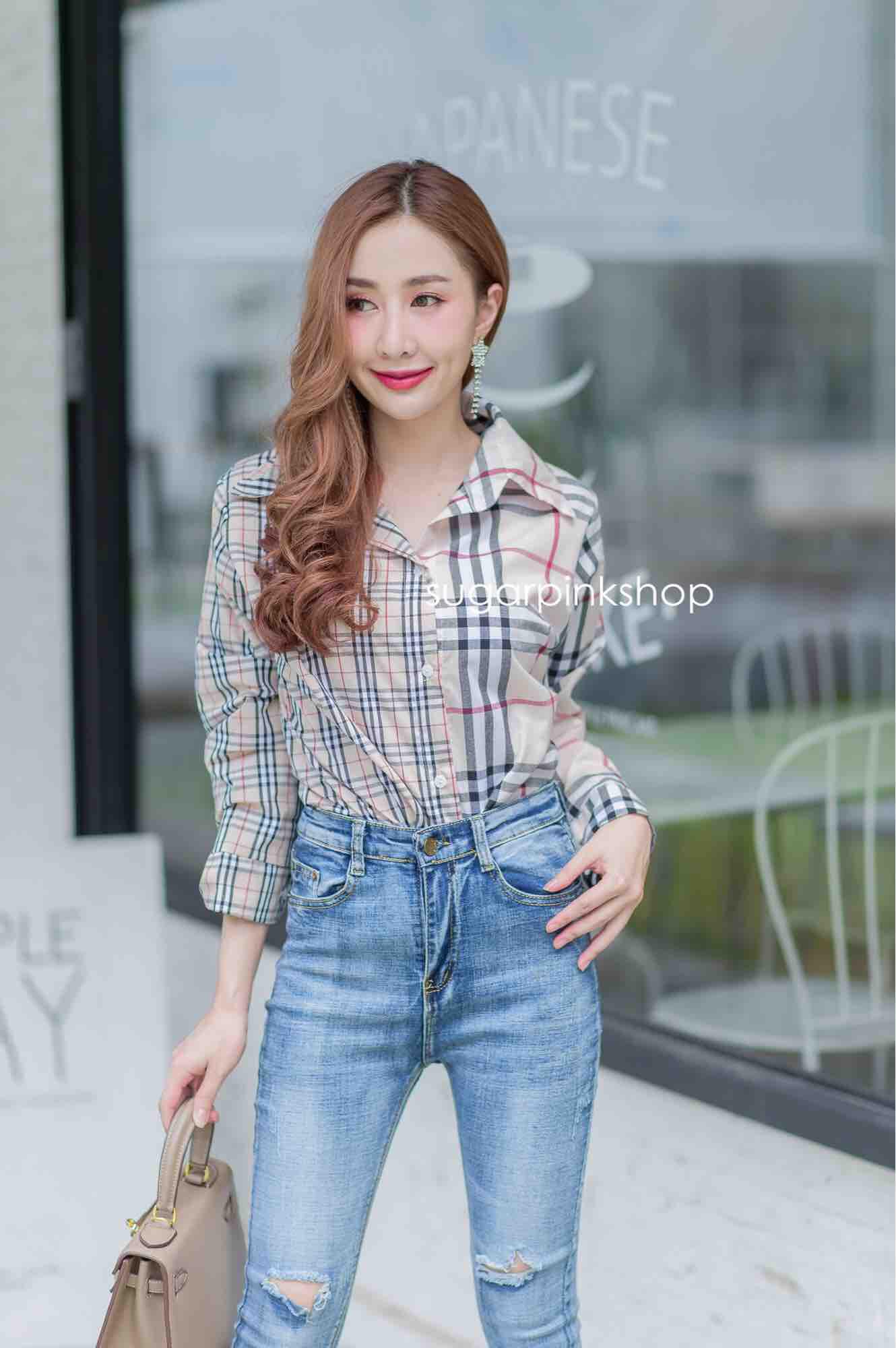 Sugarpinkshop เสื้อเชิ้ตแขนยาวลายบลูเบอร์รี่ทูโทนผ้าคัตตอล100% อก40”ยาว29”