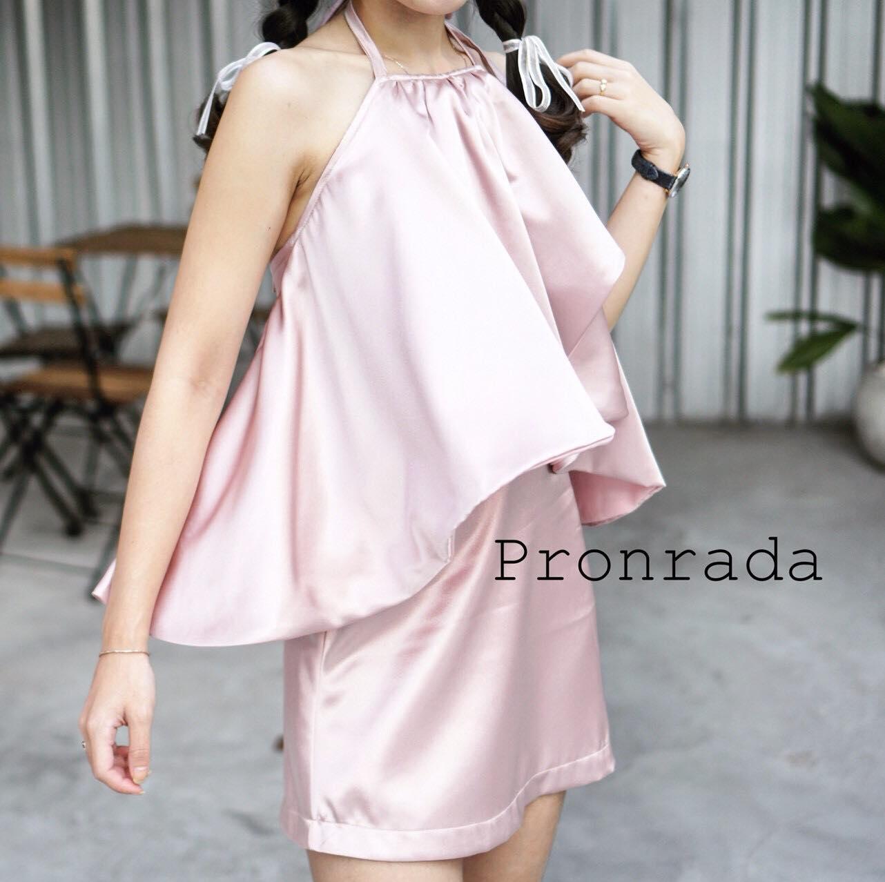 Pronrada brand - ANNIE Set in Pink (เสื้อผูกคอ+กระโปรง สีชมพู)