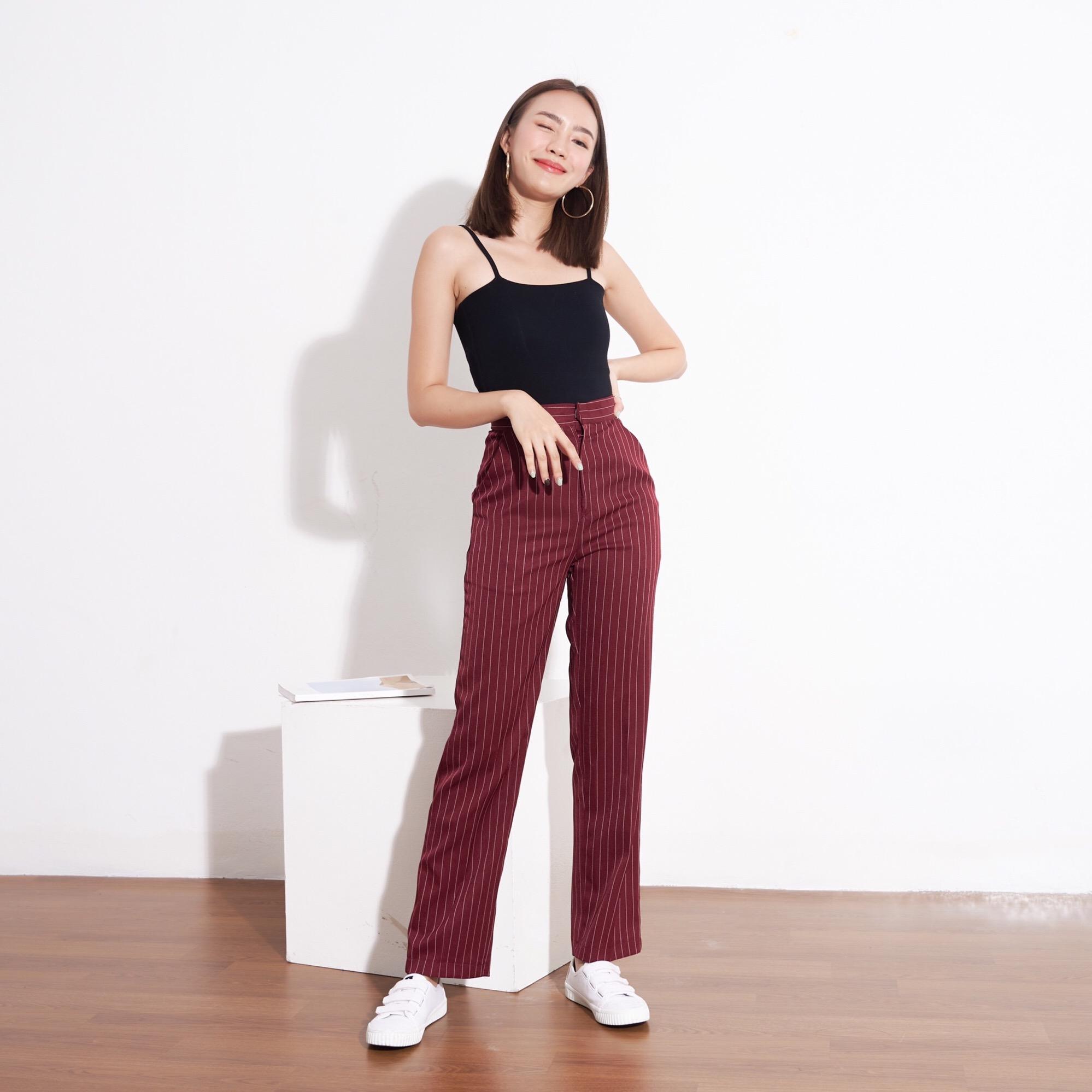 COPPER.BKK Mini Stripes Maroon กางเกงขายาวสีแดงลายทางทรงกระบอกเล็ก