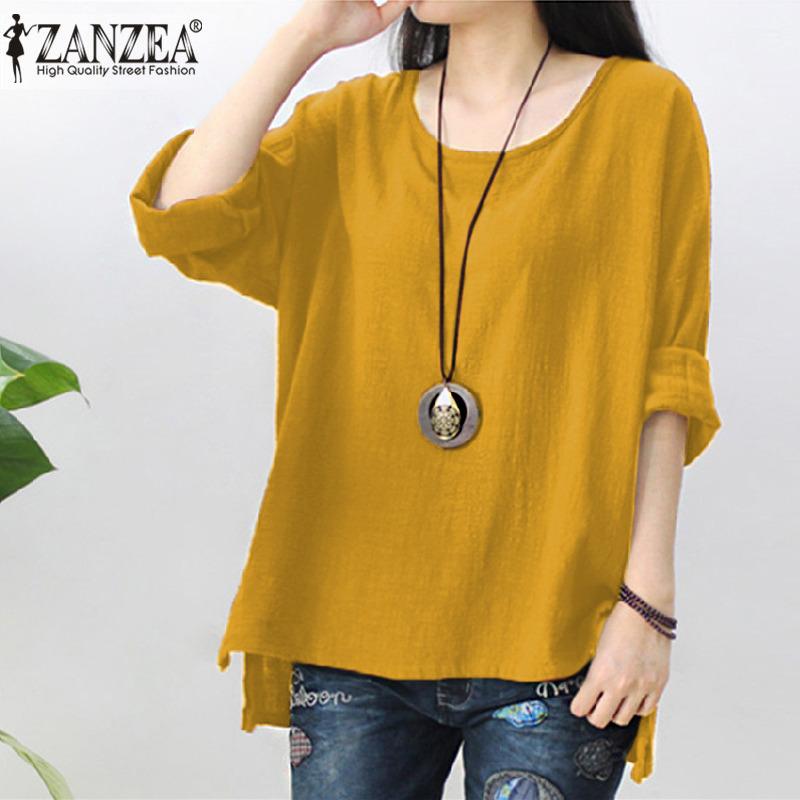 ZANZEA ผู้หญิงย้อนยุคโอคอแขนยาวแยกกระโปรงผ้าฝ้ายลินินลำลองพรรค Kaftan เสื้อพลัสขนาด (สีดำ)