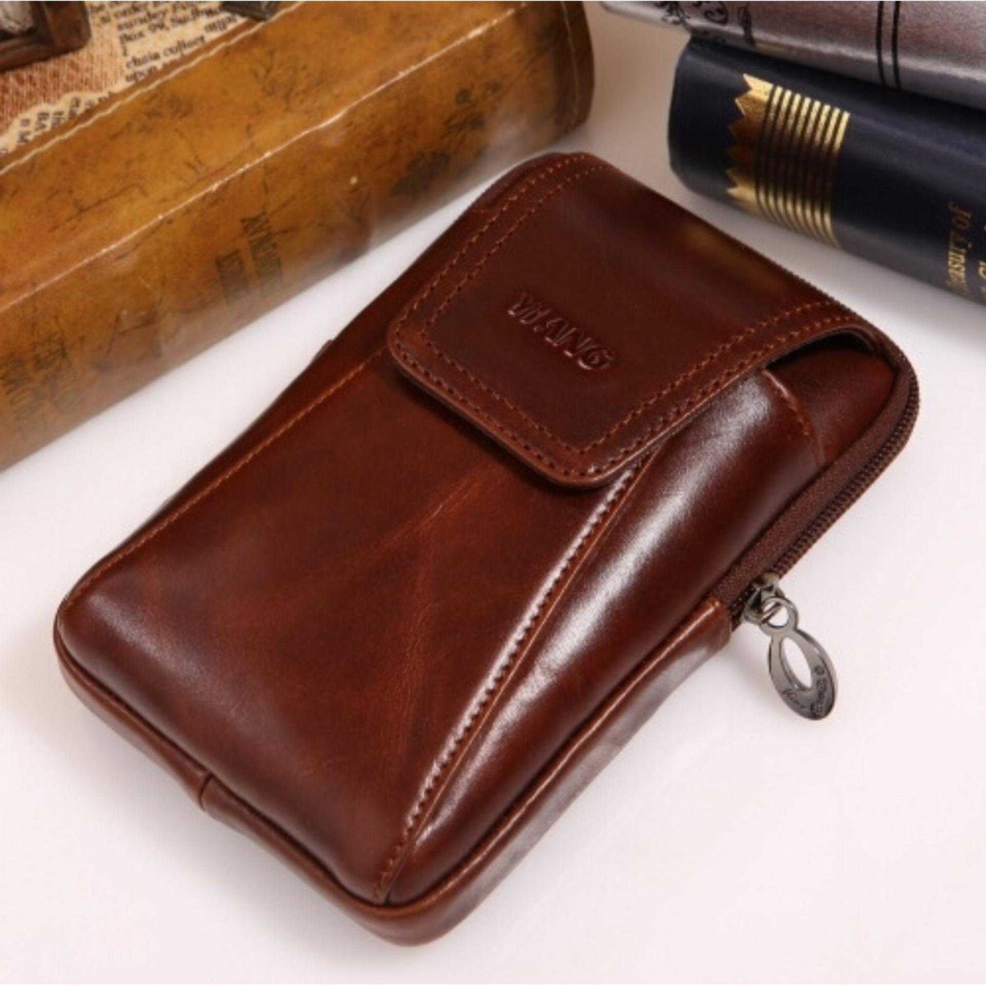 Leather bag ซองมือถือแบบสอตเข็มขัดทรงตั้ง ขนาด 6 นิ้ว หนังแท้ รุ่น MBB001