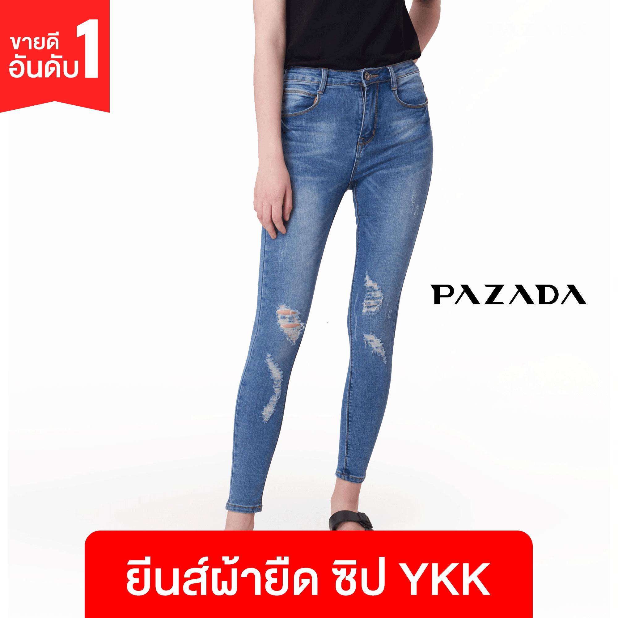 PAZADA กางเกงยีนส์ ผญ ผ้ายืด ซิป YKK ผ้า Cotton 61.4%, Polyester 34%, Elastane 1.4%, Other Fibres 3.2% (Z1008)