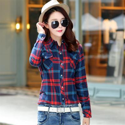 เสื้อเชิ้ตลายสก๊อตแบบลำลองของผู้หญิง ผ้าฝ้าย (1003) (1003)