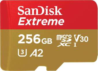 SanDisk Extreme microSDXC, SQXA1 256GB, V30, U3, C10, A2, UHS-I, 160MB/s R, 90MB/s W, 4x6, SD adaptor, Lifetime Limited