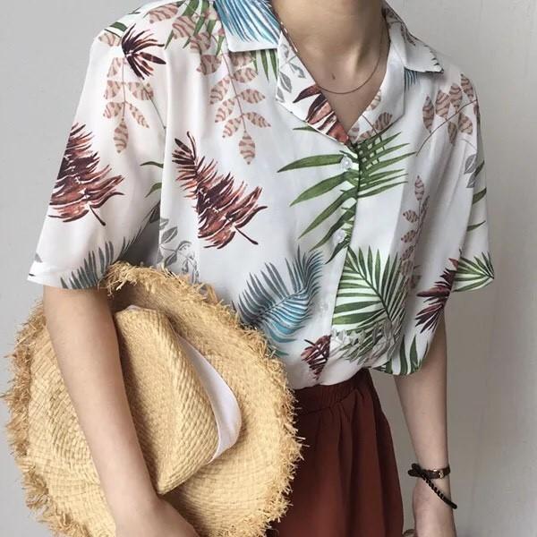 เสื้อฮาวาย ลายใบไม้ ผ้าชีฟอง เสื้อฮาวาย ลายใบไม้ ผ้าชีฟอง