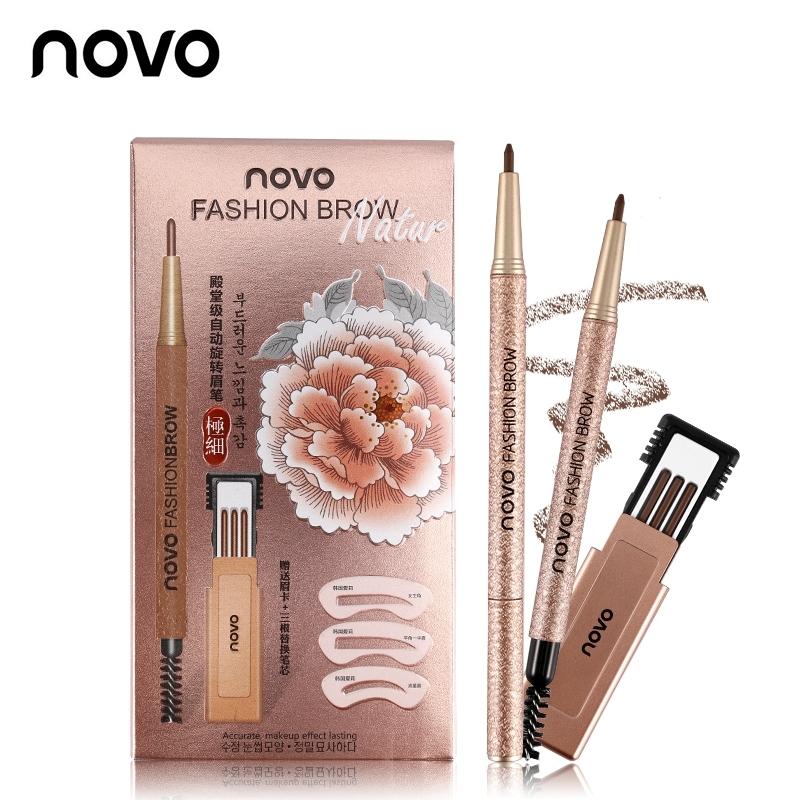 Novo Eyebrow ดินสอเขียนคิ้ว โนโว แบบหมุน มีแปรงปัดคิ้วในตัว พร้อมไส้ดินสอเปลี่ยน 3 แท่ง + บล๊อกคิ้ว 3 ชิ้น