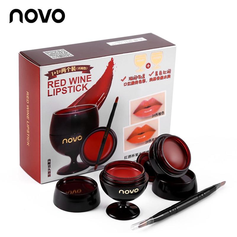 02 ลิปสติคเรดไวน์ Novo Red Wine Lipstick แพคเกจแก้วไวน์เก๋ๆน่ารักๆ พร้อมลิป 2 ตลับ และแปรงทาลิป2หัวด้วยค่ะ