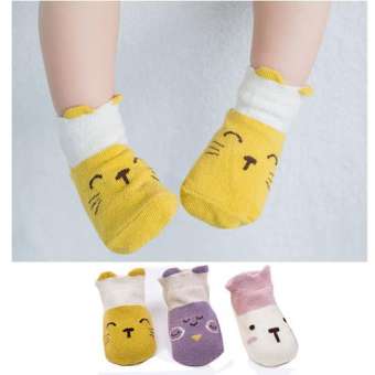 ถุงเท้าเด็ก แรกเกิด-4ขวบ เซ็ต 3 คู่ 3 ลาย ลายหน้าสัตว์ มีหู สีฟ้า ไซด์ S M #0520