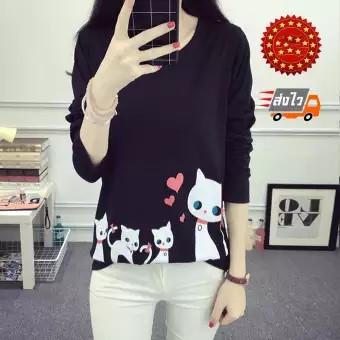 Thaishop418เสื้อยืดแฟชั่นผู้หญิง คอกลม แขนยาว ผ้าเนื้อดี ลายครอบครัวแมวสุขสันต์ น่ารักๆ Thaishop418เสื้อยืดแฟชั่นผู้หญิง คอกลม แขนยาว ผ้าเนื้อดี ลายครอบครัวแมวสุขสันต์ น่ารักๆ