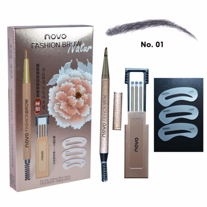 Novo Eyebrow ดินสอเขียนคิ้ว โนโว แบบหมุน มีแปรงปัดคิ้วในตัว แพคสุดคุ้ม!!! พร้อมไส้ดินสอเปลี่ยน 3 แท่ง + บล๊อกคิ้ว 3 ชิ้น สี 01 น้ำตาลเข้ม