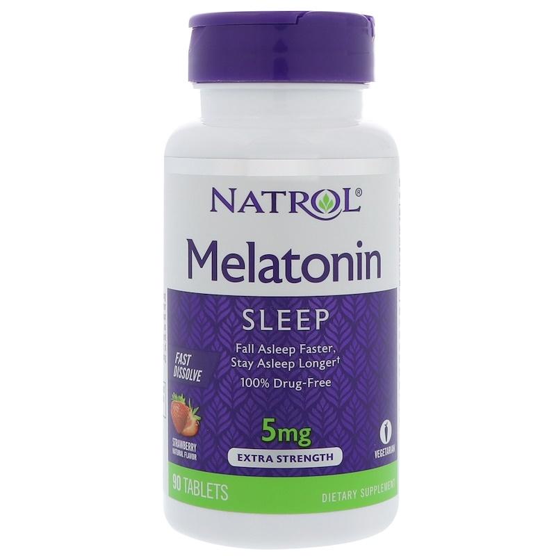 Melatonin Sleep 5mg. Extra Strength, Strawberry Natural Flavor 90 เม็ด