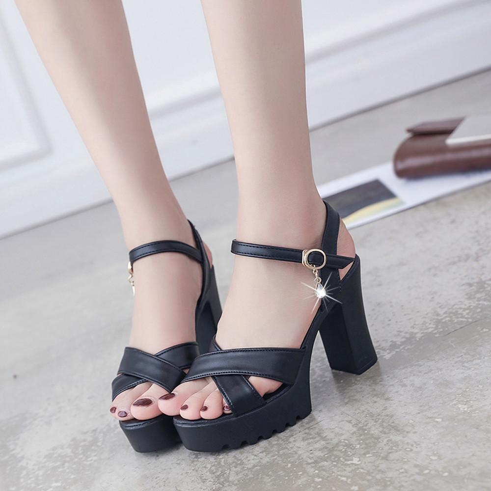 Teresastore ผู้หญิงปลาปากส้นตึกรองเท้าแตะส้นสูงหัวเข็มขัดรองเท้าแตะมีส้น